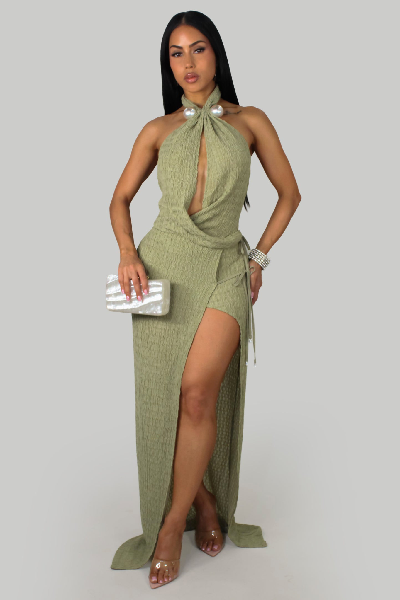 JANECKA | Robe longue texturé à détails perlé