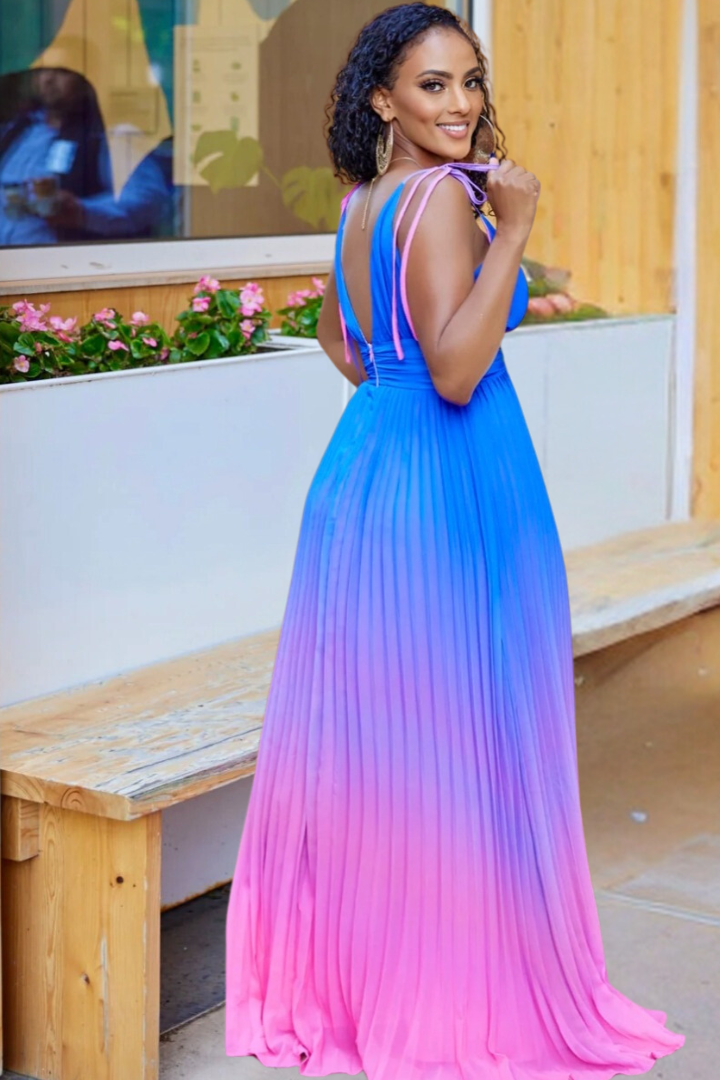 Robe longue plissée dégradé bleu-rose Maéra