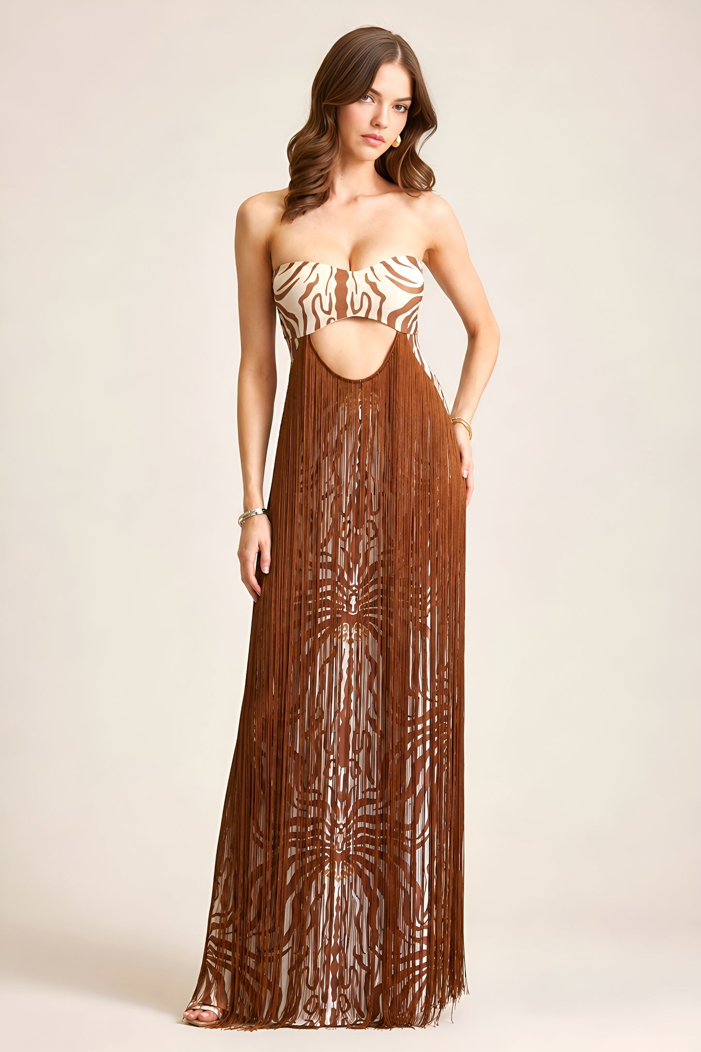 TESSAYA | Robe longue bustier à franges et imprimé animal