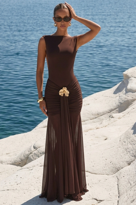 DORCA | Robe longue drapé dos nu avec detail doré