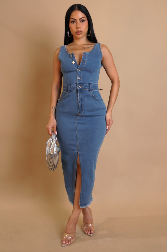 THÉANNA 80% COTON | Robe longue en jean à boutons