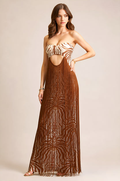 TESSAYA | Robe longue bustier à franges et imprimé animal