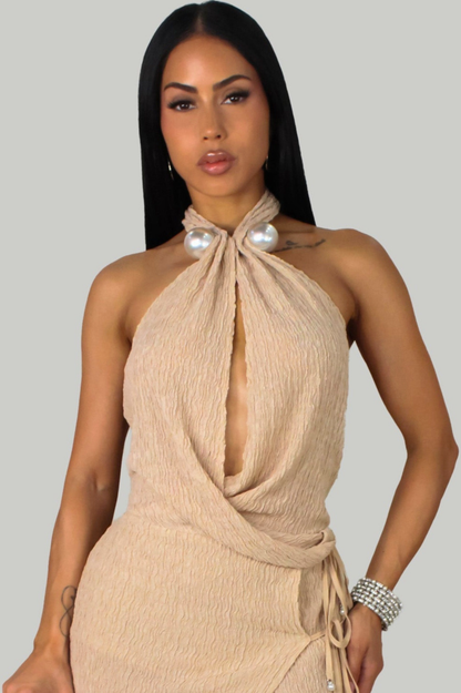 JANECKA | Robe longue texturé à détails perlé