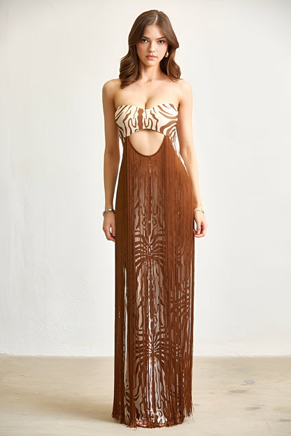 TESSAYA | Robe longue bustier à franges et imprimé animal