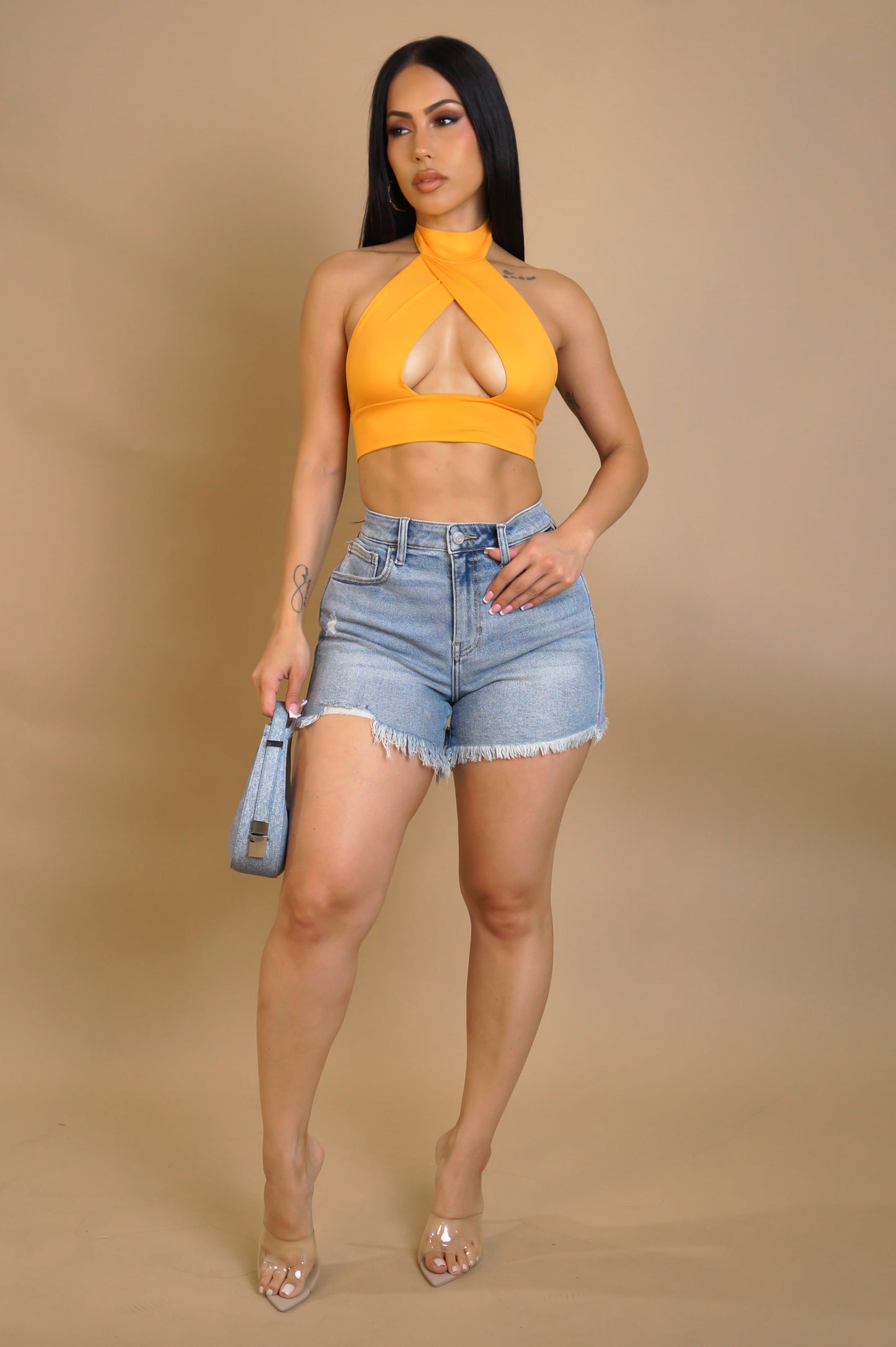 KEISHA 70% COTON | Short taille haute délavé 