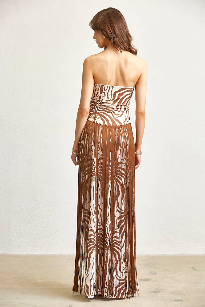 TESSAYA | Robe longue bustier à franges et imprimé animal