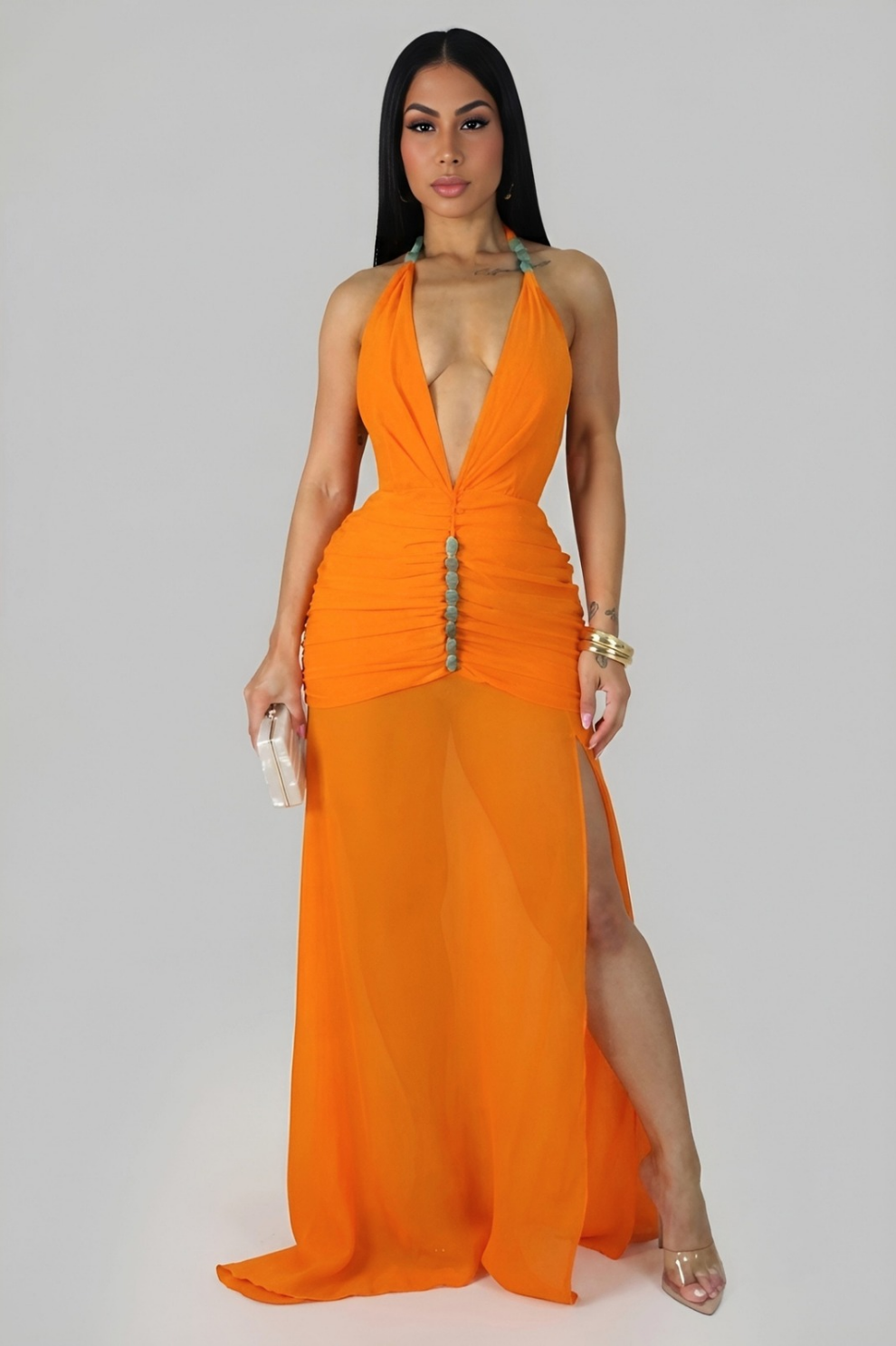 MARLEY| Robe longue à décolleté plongeant et fronces