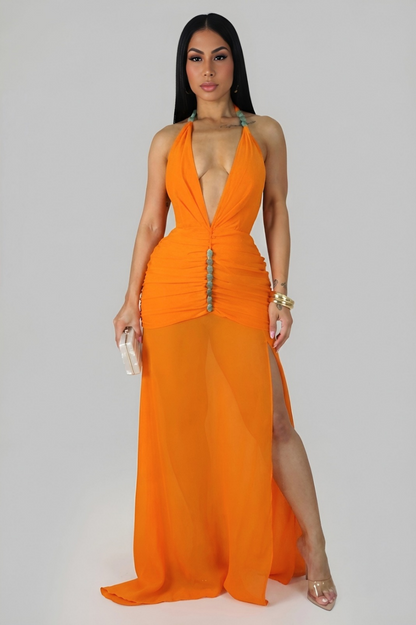 MARLEY| Robe longue à décolleté plongeant et fronces
