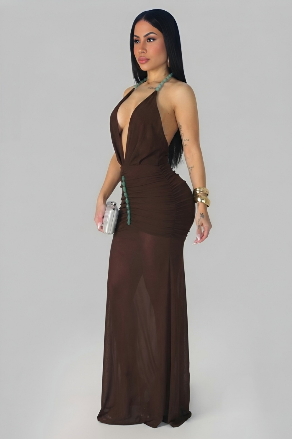 MARLEY| Robe longue à décolleté plongeant et fronces