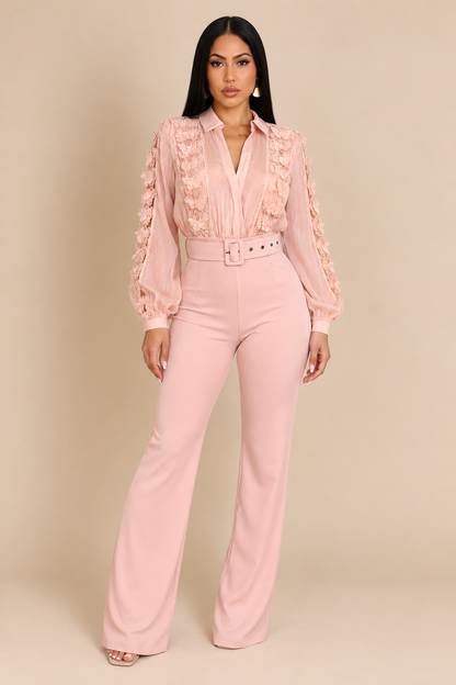 TANAÏS 30% COTON | Combinaison pantalon ceinturée et blouse transparente