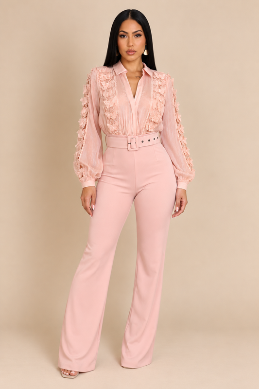 TANAÏS 30% COTON | Combinaison pantalon ceinturée et blouse transparente