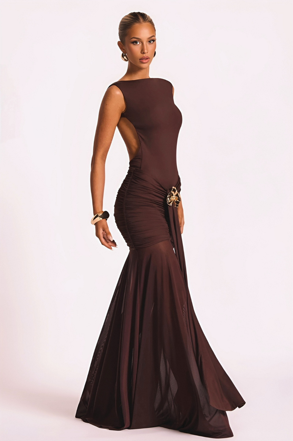 DORCA | Robe longue drapé dos nu avec detail doré