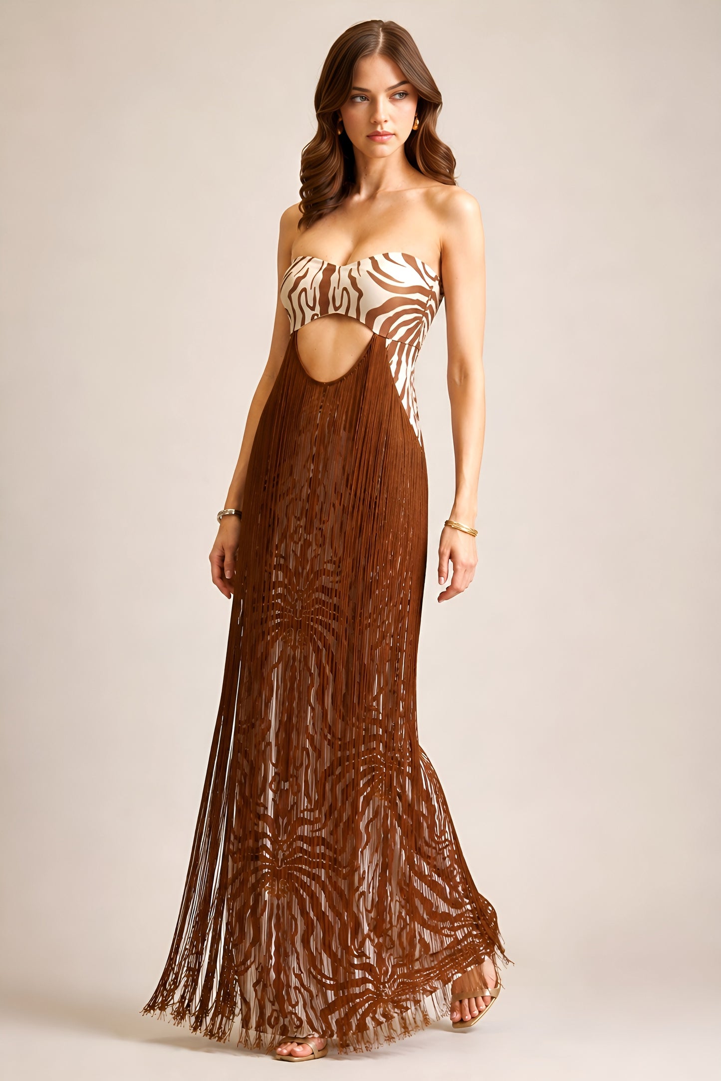 TESSAYA | Robe longue bustier à franges et imprimé animal