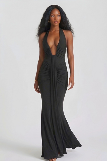 KEZIA | Robe longue drapée décolleté plongeant