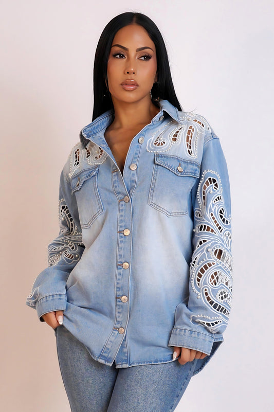 SHINSY 92% COTON | Chemise oversize découpée et perlée