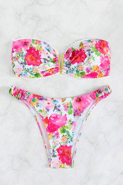 Maillot deux pièces bandeau Floral- Décolleté en V Tendance