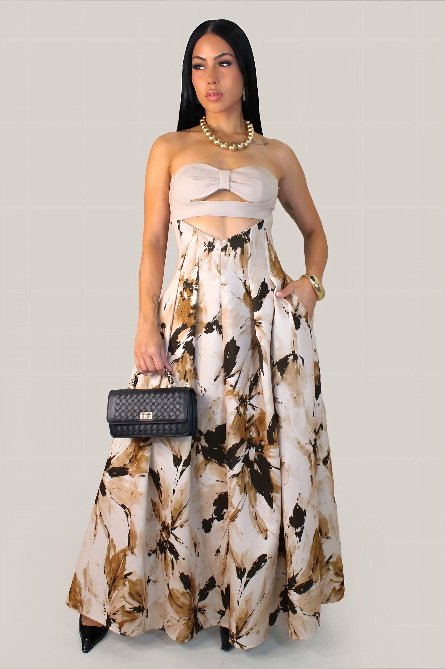 AUDELINE | Robe longue bustier à imprimé floral et découpe